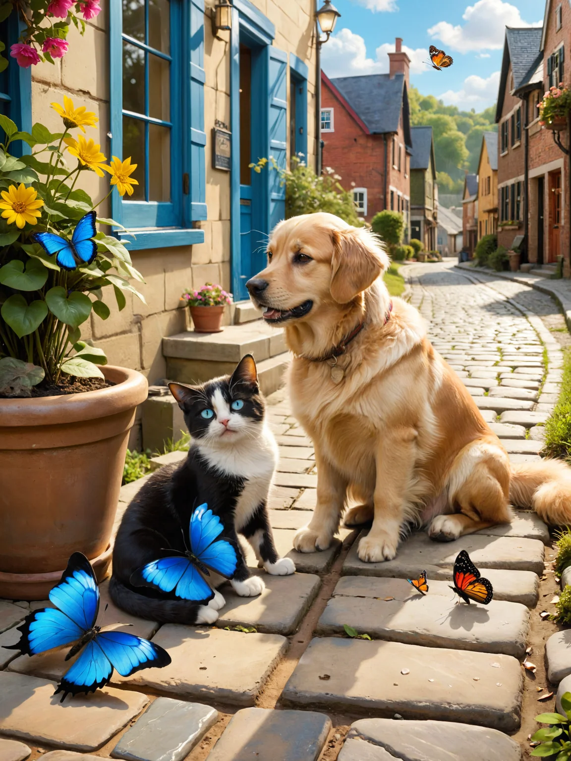 Imagine a charming, sunlit cobblestone street in a small, picturesque town, at the center of this idyllic scene is Barkley the joyful golden retriever with a shiny coat and a wagging tail, playfully chasing vibrant butterflies and nearby, lounging gracefully in a sunbeam, is Whiskers the petite cat with luxurious fur the color of midnight and striking blue eyes, the two animals are depicted in a moment of serene companionship, with Barkley looking at Whiskers with a look of adoration and Whiskers responding with a soft meow and a gentle head nudge. The background is filled with the quaint townâs unique nooks and crannies, hinting at the many adventures the pair share, the overall mood is warm, peaceful, and filled with the sense of a deep bond that transcends their differences, bright sunlight and dark shadows, <lora:add-detail-xl:1.2>