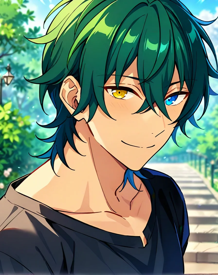 masterpiece, best quality, very aesthetic, absurdres, very detailed, score_9, score_8_up, score_7_up, depth of field, ((1boy, solo, male only, male focus, upper body, mature male)), (kagehira_mika, green hair, short hair, hair between eyes, heterochromia, blue eyes, yellow eyes), happy, looking at viewer, facing viewer, collarbone, outdoors, black outfit, <lora:Lightning-8:1>, <lora:kagehira_mika_sdxl_lora:0.74>