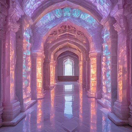 symmetric, aesthetic, white walls , ornate temple entrance , fluorite mineral, flu0rite, iridiscent,