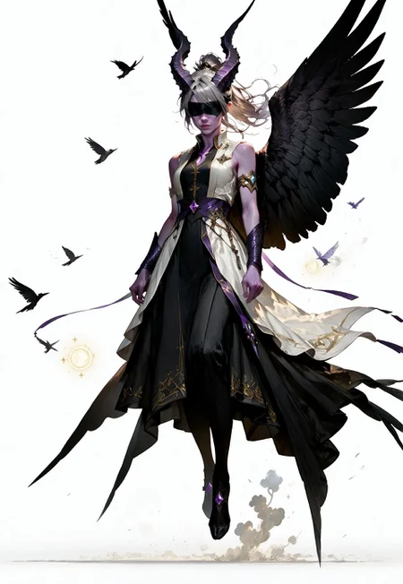 (absurdres, best quality, masterpiece:1.4),
score_9, score_8_up, score_7_up, score_6_up,
detailed,
detailed body,
detailed face,
(((smooth skin, unbroken skin, detailed skin))),
fantasy,
alone,
female,
tiefling,
h0rns,
ram horns,
black horns,
tall,
((((purple skin)))),
((long grey hair, ponytail)),
(((wingsd, black wings))),
floating, flying, hovering, weightless,
(white robe, sleeveless,
blindfold, black cloth blindfold),
(((white background, plain background))),
full body,
front view,