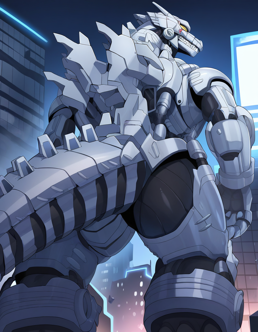 solo, dragon, robot, kiryu, male, bent over, 4 fingers, 3 toes, yellow eyes, from behind, looking back, frown, clenched teeth, tail, city, [[macro]], detailed face, (masterpiece, best quality, very aesthetic, amazing quality), absurdres, highres