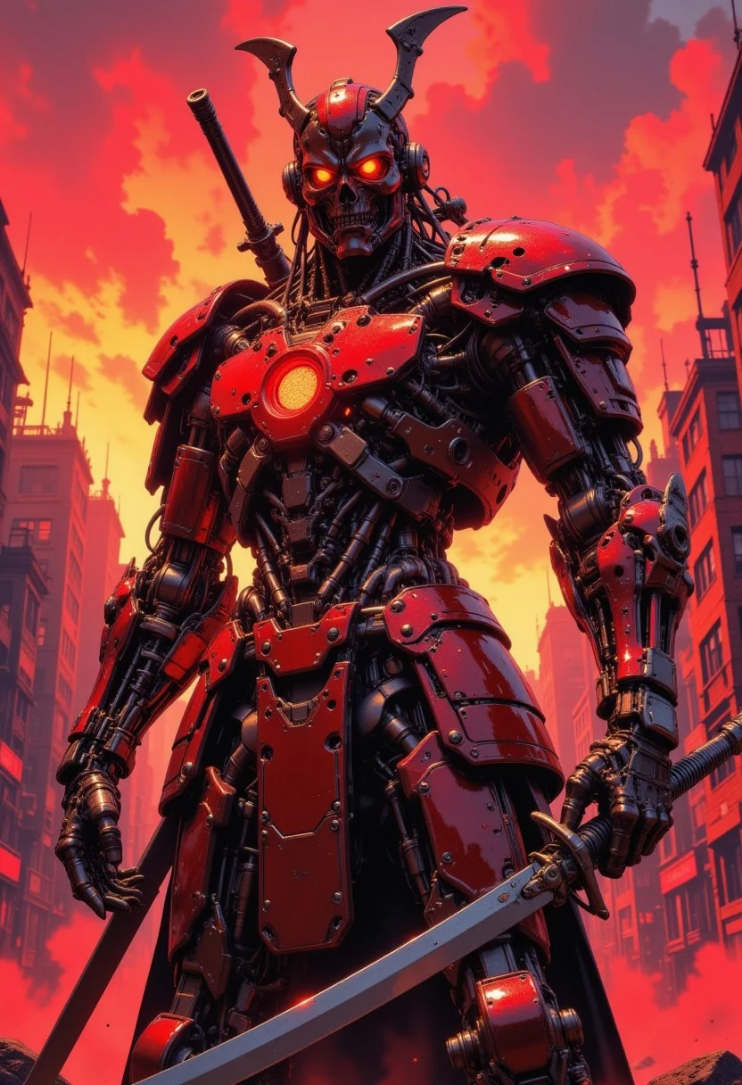CAICO, detailed photorealistic image, a_skynet_cyberdyne_craft, the image is featuring a cyberdyne terminator samurai robot, with samurai helmet, glowing red eyes, shiny red armour, adorned with intricate, metallic details, including bolts, wires, and mechanical components, giving it a highly advanced, industrial military look, holding a katana, standing on a smoky city street with ruins. The sky is an ominous red, with stormy clouds, sunset