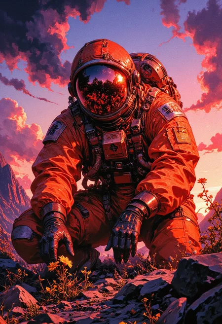 A highly detailed digital painting of an astronaut in an orange space suit, crouching on rocky terrain at sunset. The astronaut’s helmet visor reflects the warm hues of the sky, glowing with an amber light. He gently reaches out to a small, delicate yellow flower. The background consists of dramatic, colorful clouds with deep purples, pinks, and oranges, creating a cinematic atmosphere. The art style blends sci-fi realism with painterly aesthetics, featuring intricate lighting, reflections, and atmospheric depth