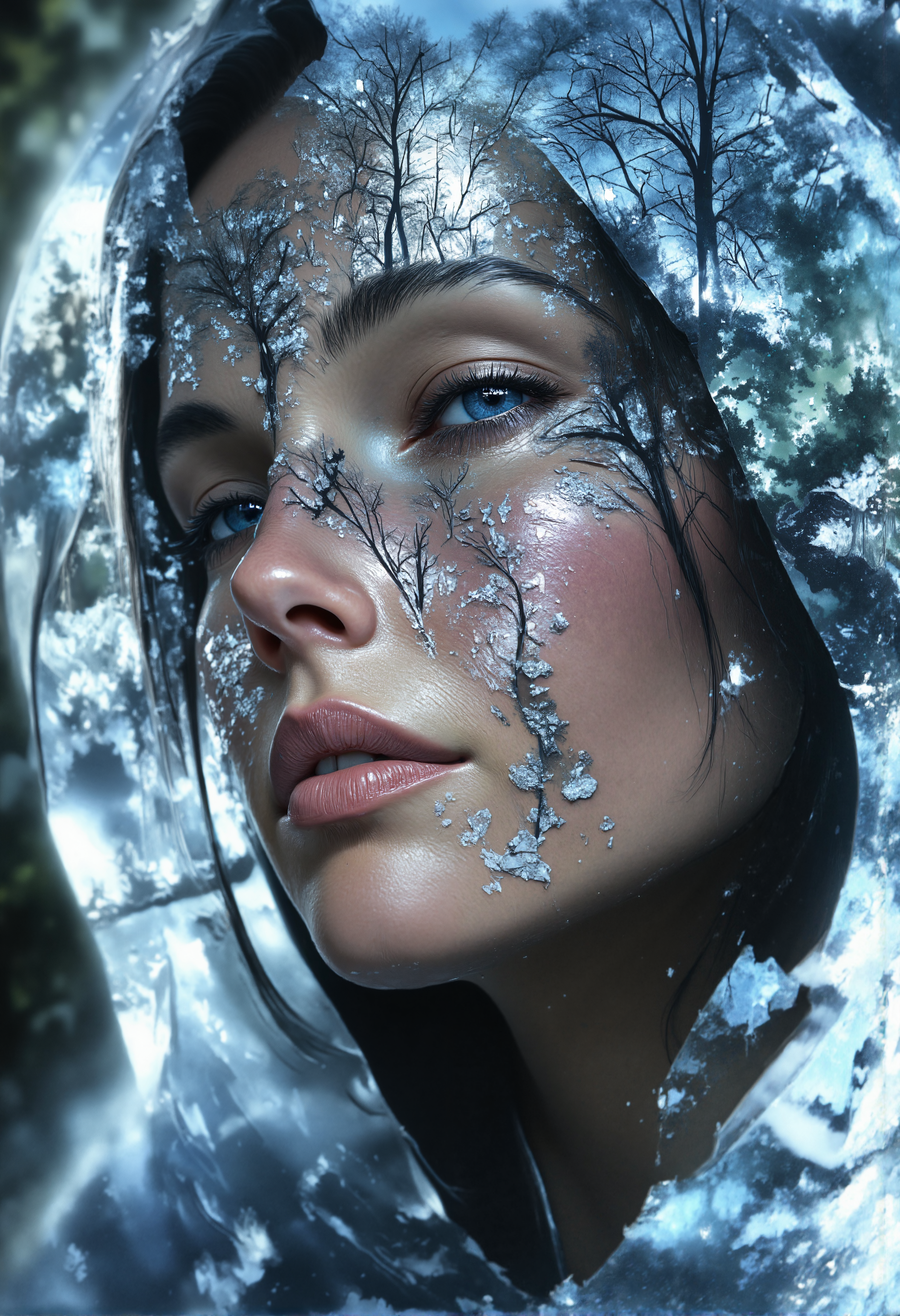 aidmaMJ6.1, darkcore, Jeddblexpsre,double exposure, ethereal. A close-up shot of a breathtaking young womanâs face, where her facial features are softly blended with an ethereal overlay of snow-covered trees . Her piercing blue eyes and delicate skin textures are visible through the translucent silhouette of the forest, creating a dreamy, surreal double exposure effect. The icy crystals on the hood of her light blue medieval cloak merge harmoniously with the natural elements. The soft lighting highlights both the woman and the superimposed scene, while shadows and highlights enhance the depth, giving the composition a balanced, thought-provoking appearance., <lora:FluxDFaeTasticDetails.safetensors:1.0:1.0> <lora:aidmaMJ6.1-FLUX-V0.2.safetensors:1.0:1.0> <lora:Flux DoubleExposure_epoch_1.safetensors:1.0:1.0> <lora:NebulaNexus_v1.safetensors:0.7000000000000001:0.7000000000000001>