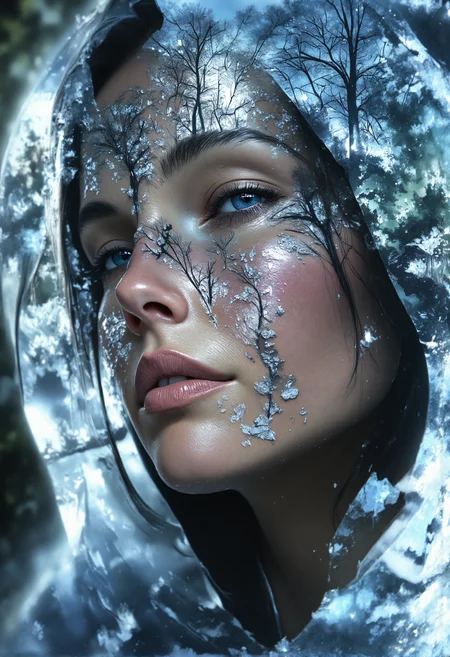 aidmaMJ6.1, darkcore, Jeddblexpsre,double exposure, ethereal. A close-up shot of a breathtaking young womanâs face, where her facial features are softly blended with an ethereal overlay of snow-covered trees . Her piercing blue eyes and delicate skin textures are visible through the translucent silhouette of the forest, creating a dreamy, surreal double exposure effect. The icy crystals on the hood of her light blue medieval cloak merge harmoniously with the natural elements. The soft lighting highlights both the woman and the superimposed scene, while shadows and highlights enhance the depth, giving the composition a balanced, thought-provoking appearance., <lora:FluxDFaeTasticDetails.safetensors:1.0:1.0> <lora:aidmaMJ6.1-FLUX-V0.2.safetensors:1.0:1.0> <lora:Flux DoubleExposure_epoch_1.safetensors:1.0:1.0> <lora:NebulaNexus_v1.safetensors:0.7000000000000001:0.7000000000000001>