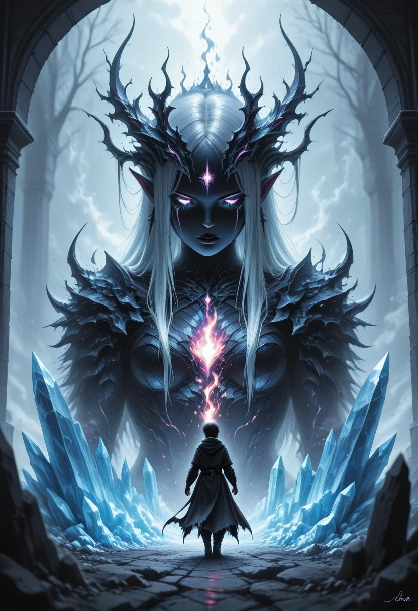mobe-godeen, dark fantasy, high_quality, highres, beautiful, detailed, (masterpiece, best quality:1.2), absurdres, 8k, HDR,  1boy, 1 woman , overlapped ,neon reflections , digital soul, soft brushstrokes ,complimentary colors, dual-tone image, elements, fire and ice, splitscreen, dynamic posing, three_quarter_view, ribbon in hair, long bangs,