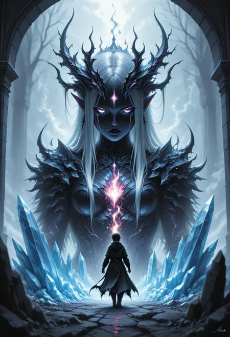 mobe-godeen, dark fantasy, high_quality, highres, beautiful, detailed, (masterpiece, best quality:1.2), absurdres, 8k, HDR,  1boy, 1 woman , overlapped ,neon reflections , digital soul, soft brushstrokes ,complimentary colors, dual-tone image, elements, fire and ice, splitscreen, dynamic posing, three_quarter_view, ribbon in hair, long bangs,