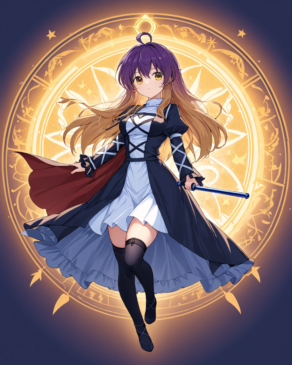 hijiri byakuren,1girl, solo, sorcerer's_sutra_scroll, looking_at_viewer, black_thighhighs, magic_circle, scroll, garter_straps, parted_lips, ahoge, cross-laced_clothes, white_dress, cowboy_shot, arm_ribbon, cape, juliet_sleeves, breasts, black_dress, puffy_long_sleeves, layered_dress, hexagram
<lora:hijiri_byakuren_image2907_2023-12-20:1>,star-shaped_pupils,symbol-shaped_pupils,. gorgeous,key visual, vibrant, studio anime,award-winning, professional, highly detailed,high budget, cinemascope