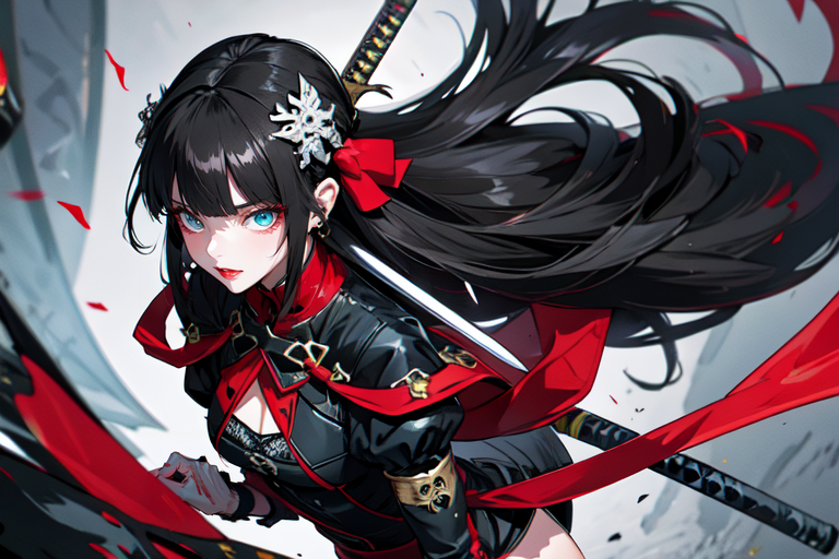 highly insanely detailed, masterpiece, top quality, best quality, highres, 4k, 8k, RAW photo, (very aesthetic, beautiful and aesthetic),  
beth_\(megami_tensei\),bethsmtii,shin megami tensei ii,long hair,black hair,straight hair,sleek black,jewelry,cross,headband,red_lipstick,katana,sword, 
<lora:zs_Beth:0>, 
(1girl:1.3), 1other, 
(floating:1.3),floating stalls,floating hovering_merchant_stands,âââ