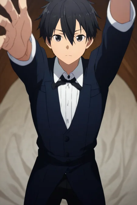 score_9, score_8_up, score_7_up, source_anime, , looking at viewer, , depth of field, 1boy, solo, male focus, <lora:kazuto_kirigaya_pony:0.94>, kazuto_kirigaya, black hair, black eyes, hair between eyes, short hair, , , butler costume, , Arms outstretched, inviting an embrace, <lora:sdxl_lightning_8step_lora:1>