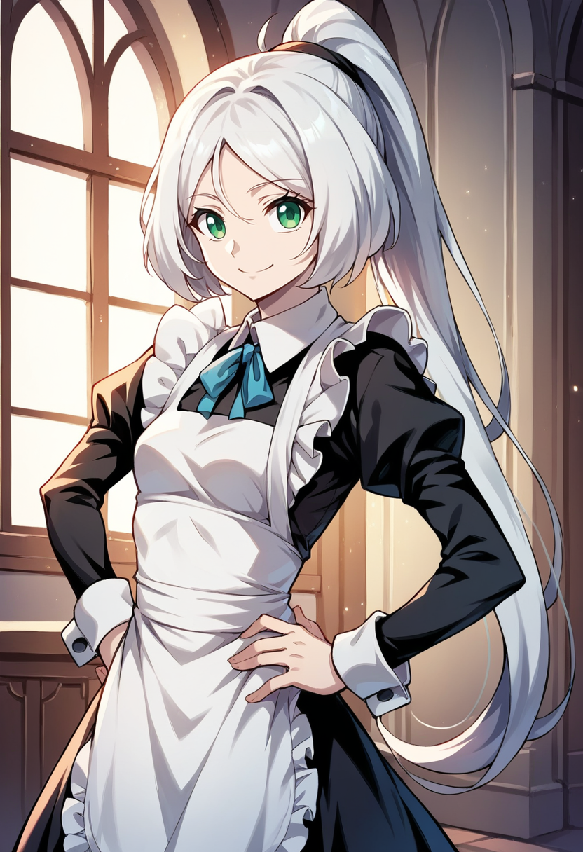 masterpiece, best quality, source_anime, uncensored, score_9, score_8_up, score_7_up, score_6_up, score_5_up, score_4_up, 1girl, solo, ephyr, long hair, ponytail, white hair, green eyes, small breasts, maid, maid apron, long sleeves, black dress, pantyhose, cowboy shot, smile, indoors, castle, hands on hip, smile <lora:Ephyr_SwordKing:0.85> <lora:add-detail-xl:0.6> <lora:cfg_scale_boost:0.5>
