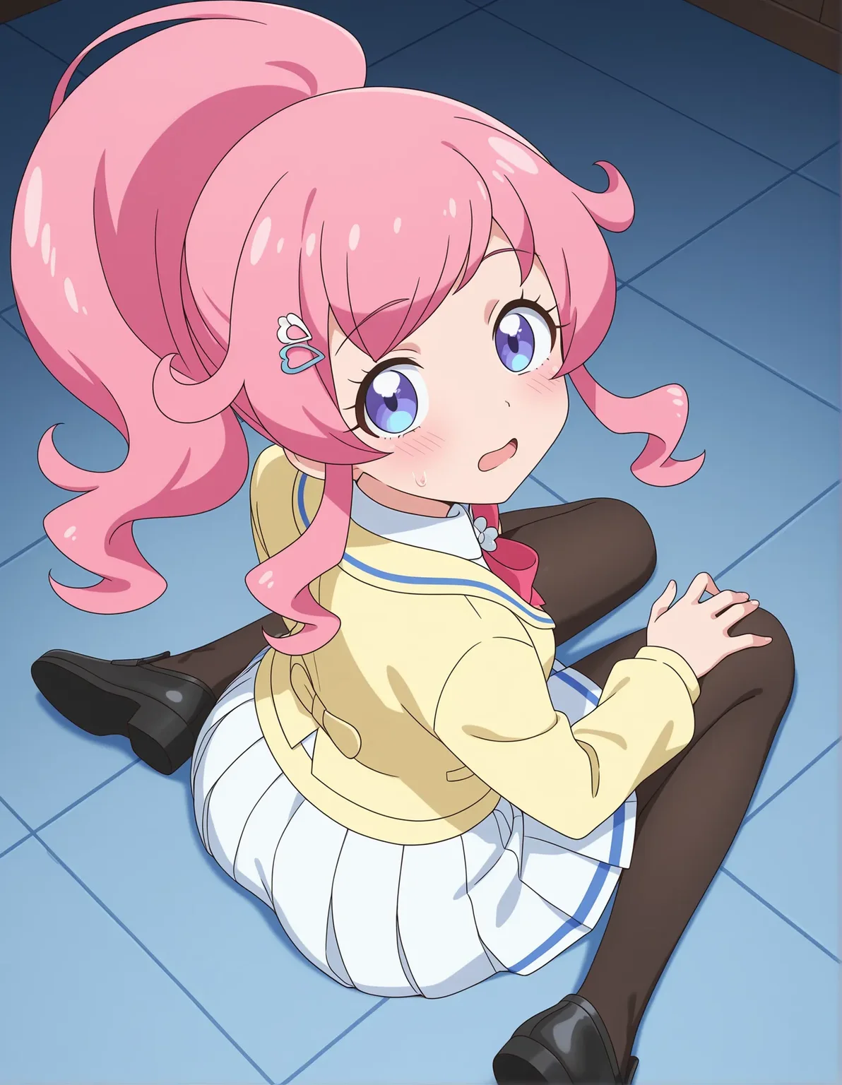 1girl, momoyama mirai, kiratto pri chan, 
solo, anime coloring, fear, from behind, wariza, half-closed eyes, pink hair, long hair, high ponytail, swept bangs, sidelocks, hairpin, blue eyes, small breasts, yellow jacket, collared shirt, bowtie, red bow, pleated skirt, white skirt, pantyhose, bow, shirt, from above, jacket, looking back, skirt, black footwear, school uniform, long sleeves, sitting, breasts, open mouth, blush, on floor,
best quality, very aesthetic, newest, masterpiece, absurdres, highres, anime screenshot, safe
 <lora:il-prichan-mirai1.0:1>
