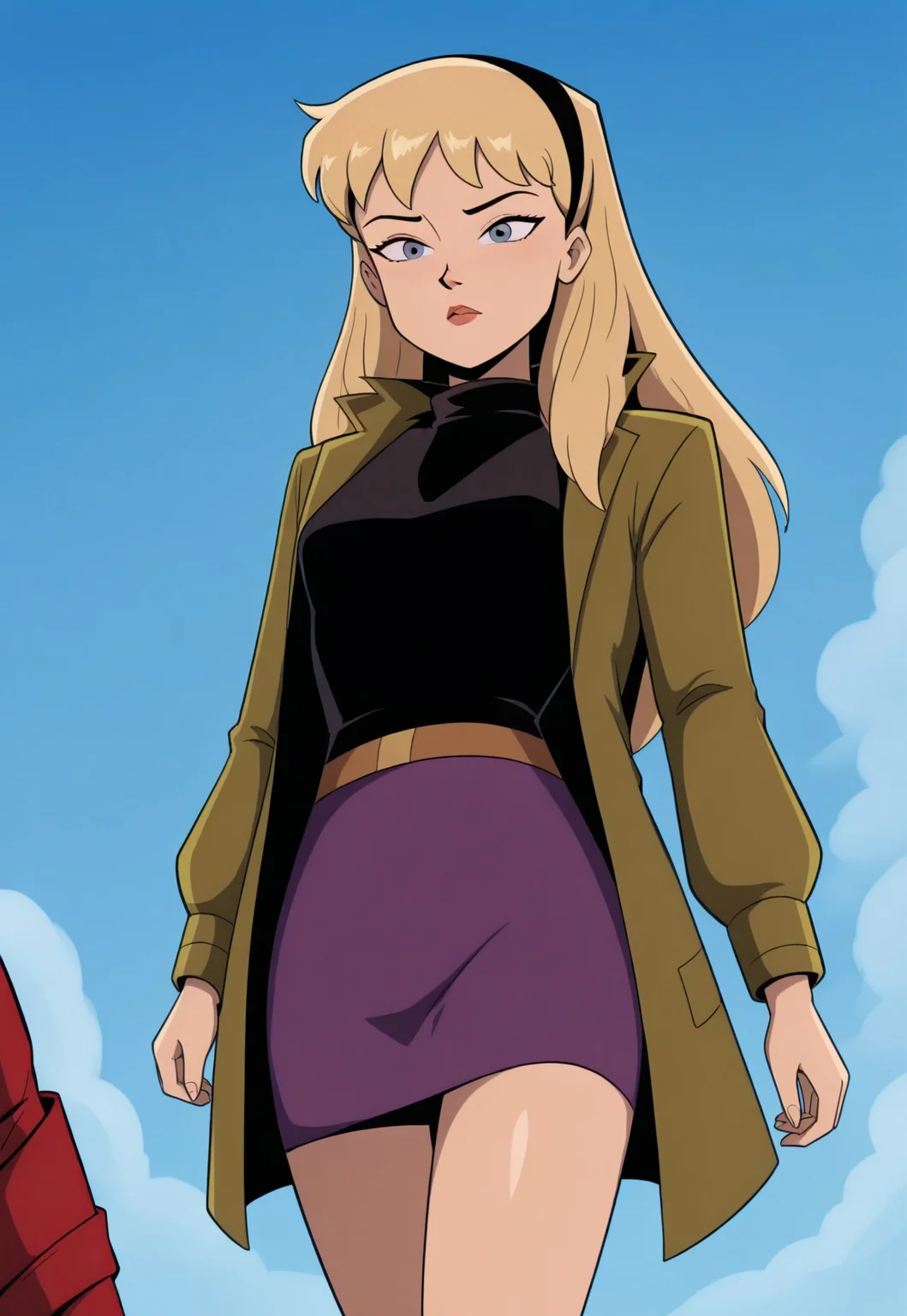 masterpiece, best quality, 32k, high resolution, absurdres, gwen stacy, 1girl, long sleeves, hairband, jacket, retro artstyle, solo, 1boy, coat, skirt, solo focus