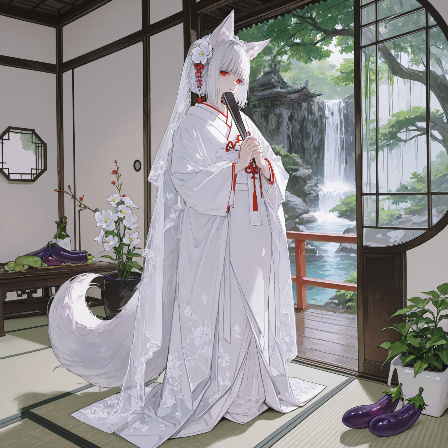 1girl, solo, looking at viewer, short hair, long sleeves, hair ornament, red eyes, dress, holding, animal ears, closed mouth, standing, tail, full body, white hair, flower, sidelocks, japanese clothes, indoors, blunt bangs, hair flower, wide sleeves, kimono, water, tree, fox ears, fox tail, floral print, white flower, own hands together, fox girl, veil, hand fan, white kimono, wedding dress, folding fan, holding fan, tatami, bridal veil, architecture, sliding doors, east asian architecture, bride, waterfall, kanzashi, wedding, garden, round window, uchikake, wataboushi, layered kimono, <lora:MZSRR2:0.5> <lora:None:1.0> <lora:748cmSDXL:0.30000000000000004> <lora:USNR_STYLE_ILL_V1_lokr3-000024:0.5000000000000001> <lora:ma1ma1helmes_b-000014:0.4000000000000001> <lora:kamatama_rom:0.4000000000000001> <lora:Moch_Illu_Edition:0.5000000000000001>
