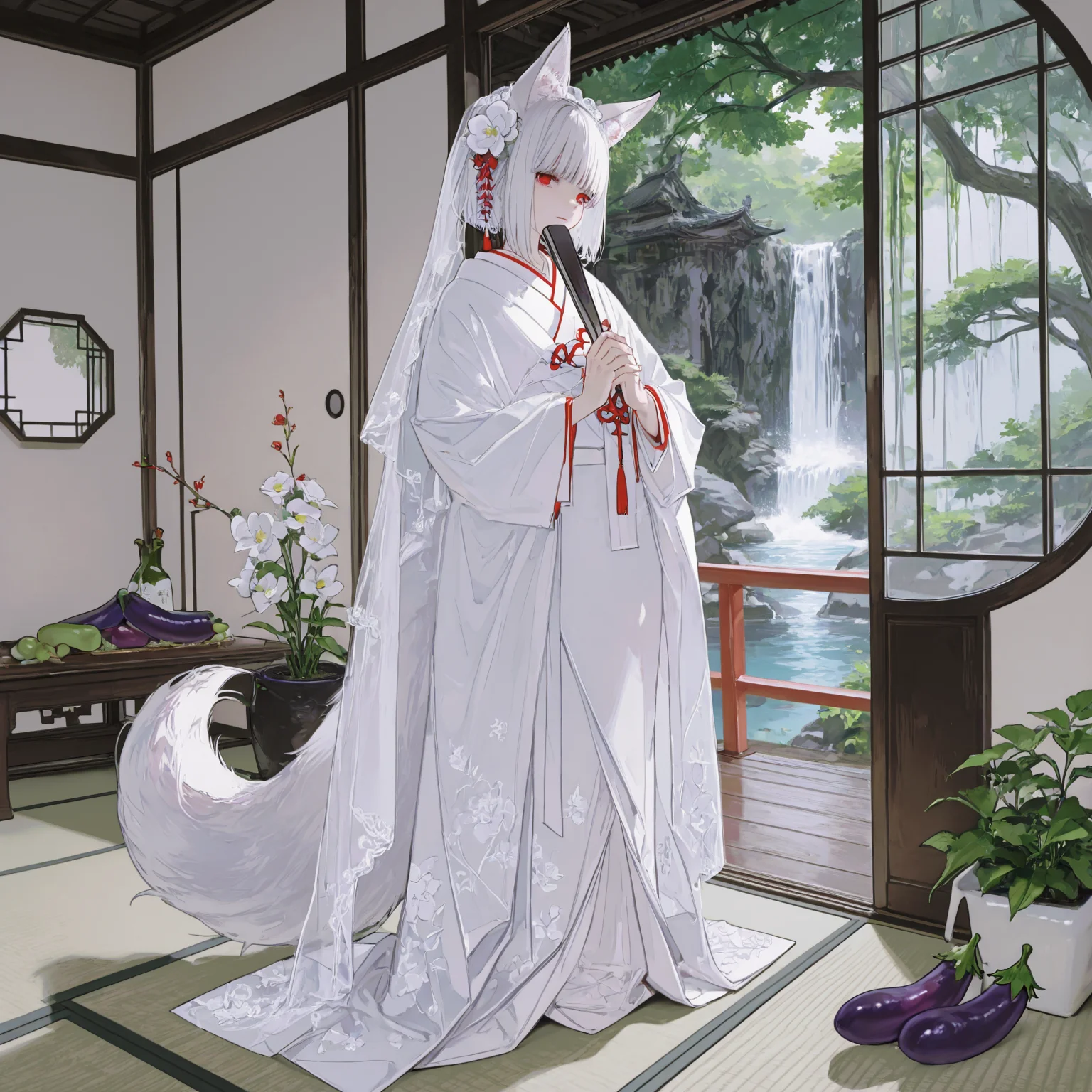 1girl, solo, looking at viewer, short hair, long sleeves, hair ornament, red eyes, dress, holding, animal ears, closed mouth, standing, tail, full body, white hair, flower, sidelocks, japanese clothes, indoors, blunt bangs, hair flower, wide sleeves, kimono, water, tree, fox ears, fox tail, floral print, white flower, own hands together, fox girl, veil, hand fan, white kimono, wedding dress, folding fan, holding fan, tatami, bridal veil, architecture, sliding doors, east asian architecture, bride, waterfall, kanzashi, wedding, garden, round window, uchikake, wataboushi, layered kimono, <lora:MZSRR2:0.5> <lora:None:1.0> <lora:748cmSDXL:0.30000000000000004> <lora:USNR_STYLE_ILL_V1_lokr3-000024:0.5000000000000001> <lora:ma1ma1helmes_b-000014:0.4000000000000001> <lora:kamatama_rom:0.4000000000000001> <lora:Moch_Illu_Edition:0.5000000000000001>