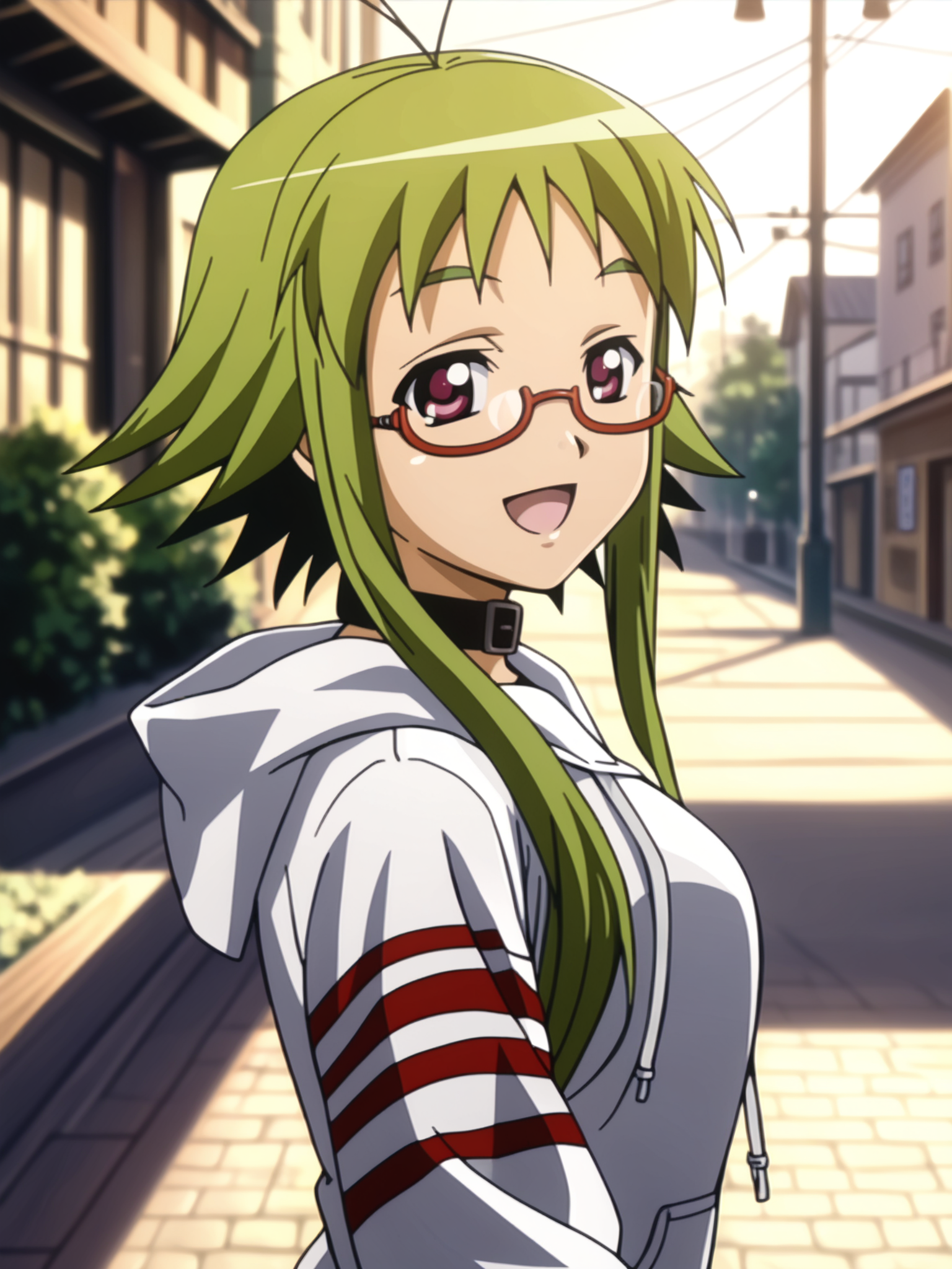 <lora:happy_tentacle-ikachihaya-v0.2-000010:1>, ht_ikachihaya, glasses, collar, antenna hair, white hoodie, hood down smile, open mouth, outdoors (close-up:0.7), 1girl, (petite:1.2), solo focus, (looking at viewer:1.1), backlighting, (depth of field:0.8), from side, score_9, score_8_up, score_7_up, score_6_up, score_5_up, score_4_up,