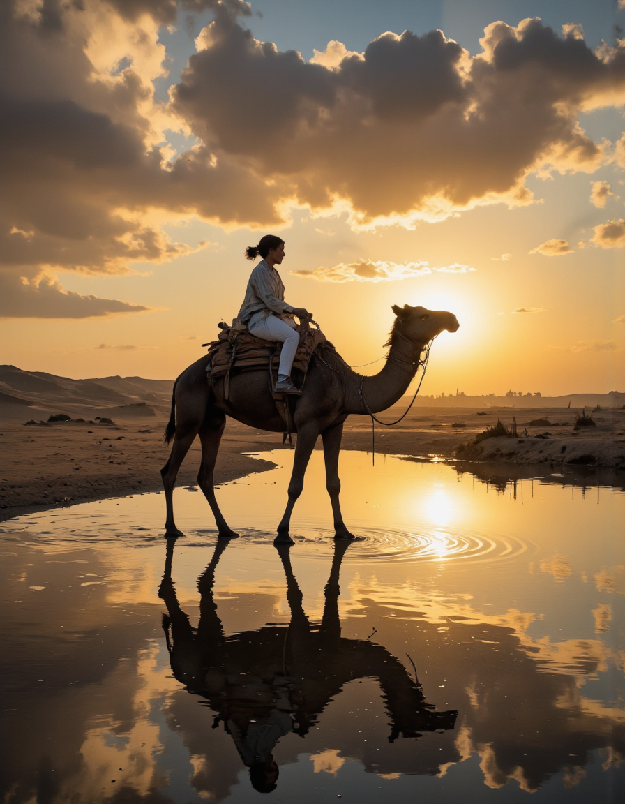 A highly detailed cinematic photography.
riding camel, golden hours, light and shadow play, intricate light, beautiful reflection, desert, dune, cloudy sky, god rays, 1girl, scenery, day, ripples, solo, water, reflective water, wide shotadorned face.
Niji style.