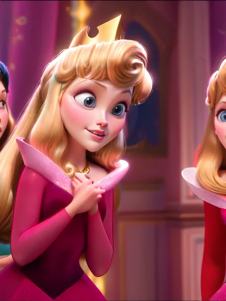 princess aurora, aurora, Two animated princesses, one in a red dress and the other in a festive setting, elsa \frozen\, long hair, looking at viewer, blush, smile, blue eyes, multiple girls, blonde hair, brown hair, 2girls, bare shoulders, jewelry, medium breasts, collarbone, upper body, parted lips, hairclip, indoors, pink dress, covered navel, crown, blurry background, hands in clasp,   
<lora:princess_rc_il:0.9>