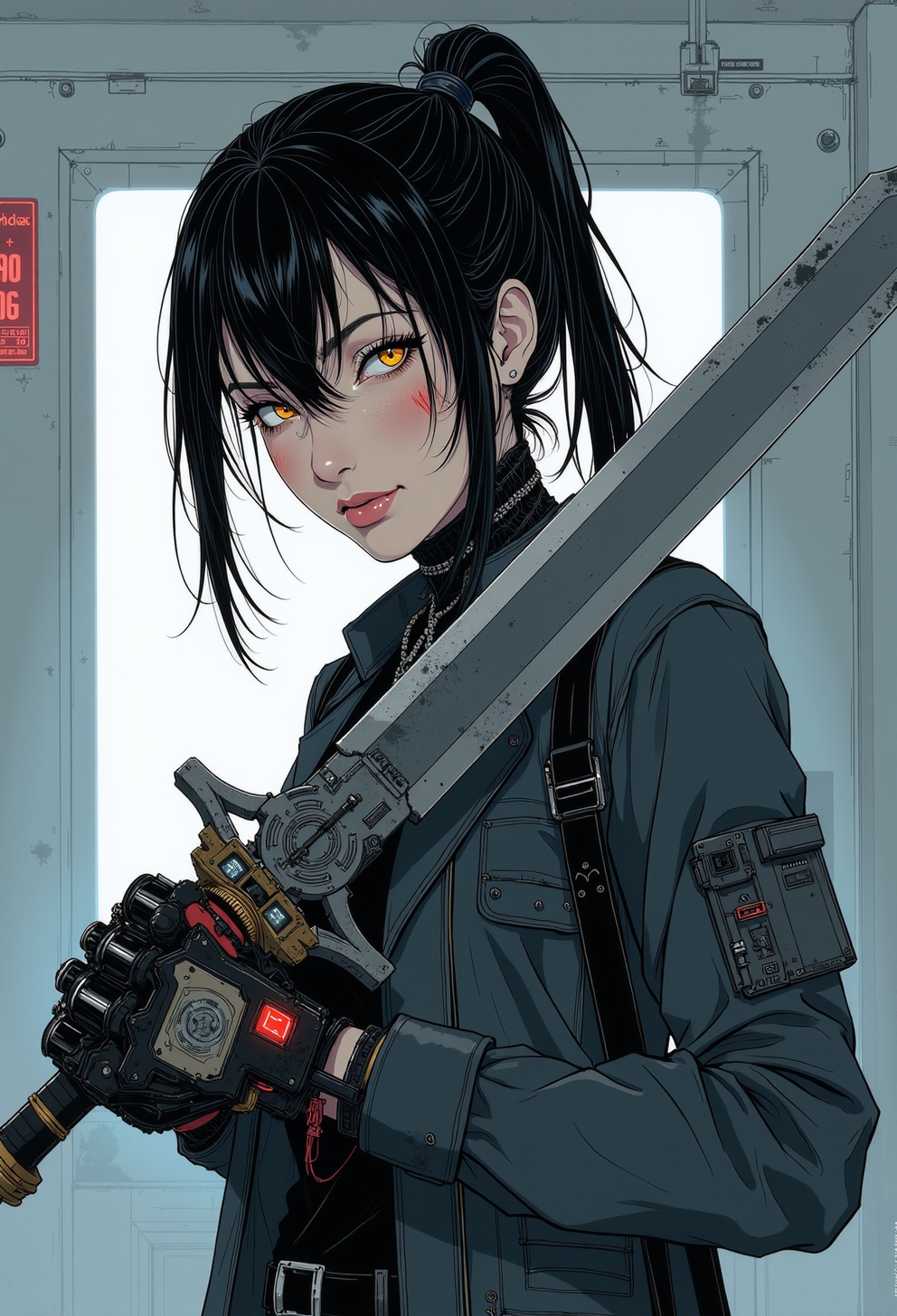 <lora:ck-nc-luminal-genesis-000016:1>, A digital anime artwork drawing in the style of cklg, Wabi-sabi (woman:0.3) assassin with (cyborg face parts),cyborg cybernetic enhancements, looking at the viewer, wielding an (enormous sci-fi sword) with mechanical parts at the viewer, (action pose, action shot ), action camera effects, intricate detailed, epic quality, profile picture, mechanical, background is a cyborg lab she is trying to escape from. manga