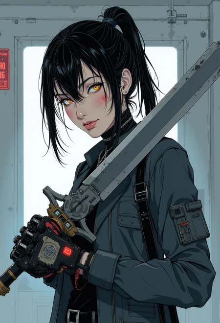 <lora:ck-nc-luminal-genesis-000016:1>, A digital anime artwork drawing in the style of cklg, Wabi-sabi (woman:0.3) assassin with (cyborg face parts),cyborg cybernetic enhancements, looking at the viewer, wielding an (enormous sci-fi sword) with mechanical parts at the viewer, (action pose, action shot ), action camera effects, intricate detailed, epic quality, profile picture, mechanical, background is a cyborg lab she is trying to escape from. manga