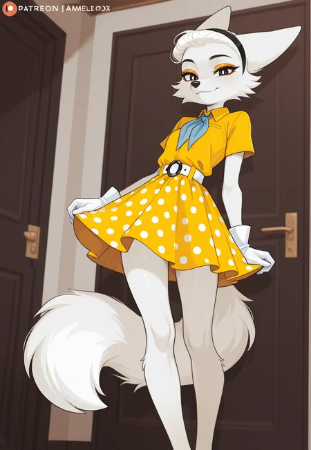 masterpiece,best quality,amazing quality, sfw, general, solo, solo female, looking at viewer, adorable, beautiful, Amelie, anthro fox, furry female, white fur, white gloves, black nose, yellow shirt, black eyes, yellow skirt with polka dot, white waist belt, (black bezel:1.3), short sleeves, orange makeup, standing, sexy, (long legs), tall, long and beautiful legs, looking at viewer, cute, posing <lora:Amelie_VK_stickers:0.8>