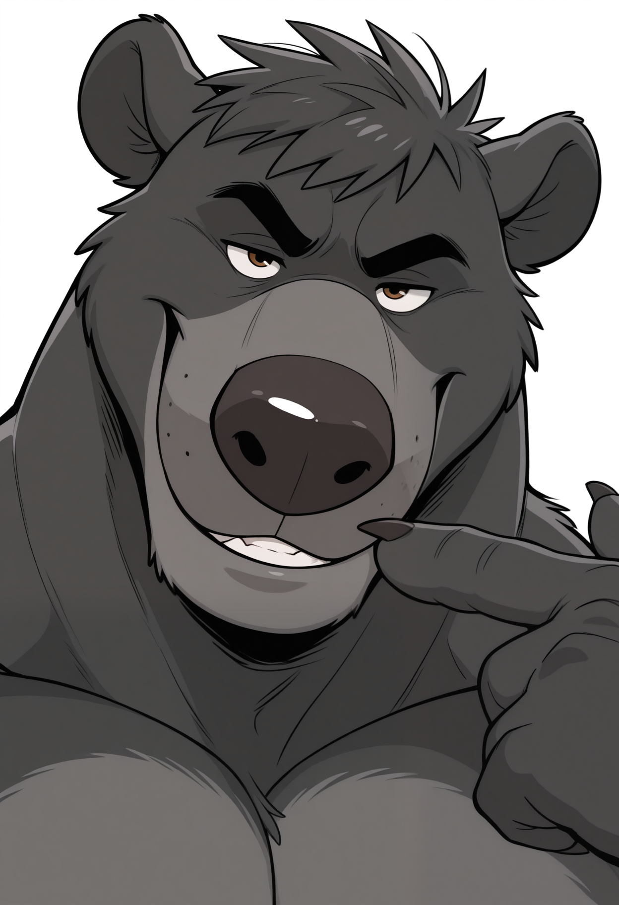 masterpiece,best quality,amazing quality, 1boy, solo, b4l00, anthro bear, grey fur, bara, face focus, pointing_at_self, smirk, 