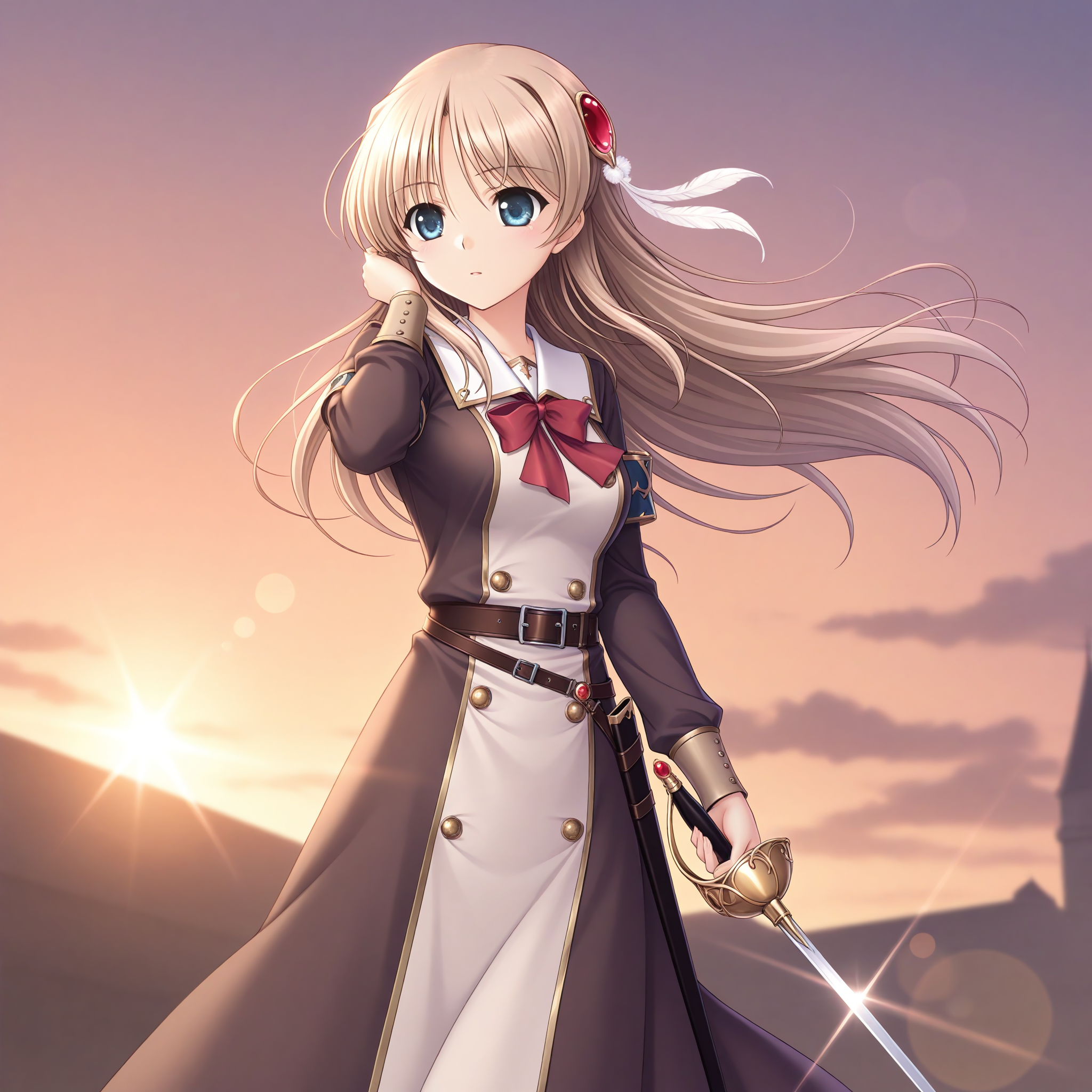 <lora:Fione_Silvaria_1_nai-000014:1>,Fione Silvaria,
gem hair ornament,red gemstone,feather hair ornament,official outfit,brown belt,armband,long sleeves,red bowtie,two-tone dress,long dress,
1girl,solo,sunset,holding sword,rapier,wind,floating hair,depth of field,lens_flare,sheath,