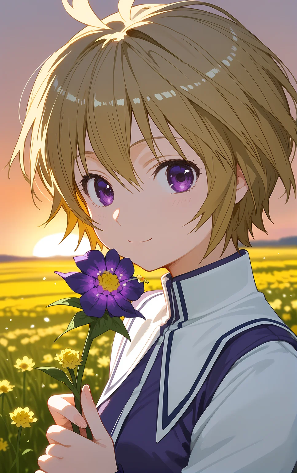 (score_9, score_8_up, score_7_up), looking at viewer, light smile, closed mouth, shiny skin, tight clothes,
ohwx, 1girl, solo, solo_focus, small_breasts, short_hair, purple_eyes, blonde_hair,
white_thighhighs, thighhighs, school_uniform, skirt, boots, zettai_ryouiki,
sunrise, field, (holding flower:1.5), blurry, upper body, close-up, cowboy shot, dutch angle,
<lora:kuno_pony_ss-000002:1>