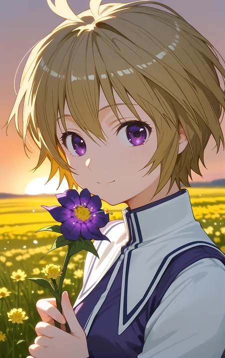 (score_9, score_8_up, score_7_up), looking at viewer, light smile, closed mouth, shiny skin, tight clothes,
ohwx, 1girl, solo, solo_focus, small_breasts, short_hair, purple_eyes, blonde_hair,
white_thighhighs, thighhighs, school_uniform, skirt, boots, zettai_ryouiki,
sunrise, field, (holding flower:1.5), blurry, upper body, close-up, cowboy shot, dutch angle,
<lora:kuno_pony_ss-000002:1>