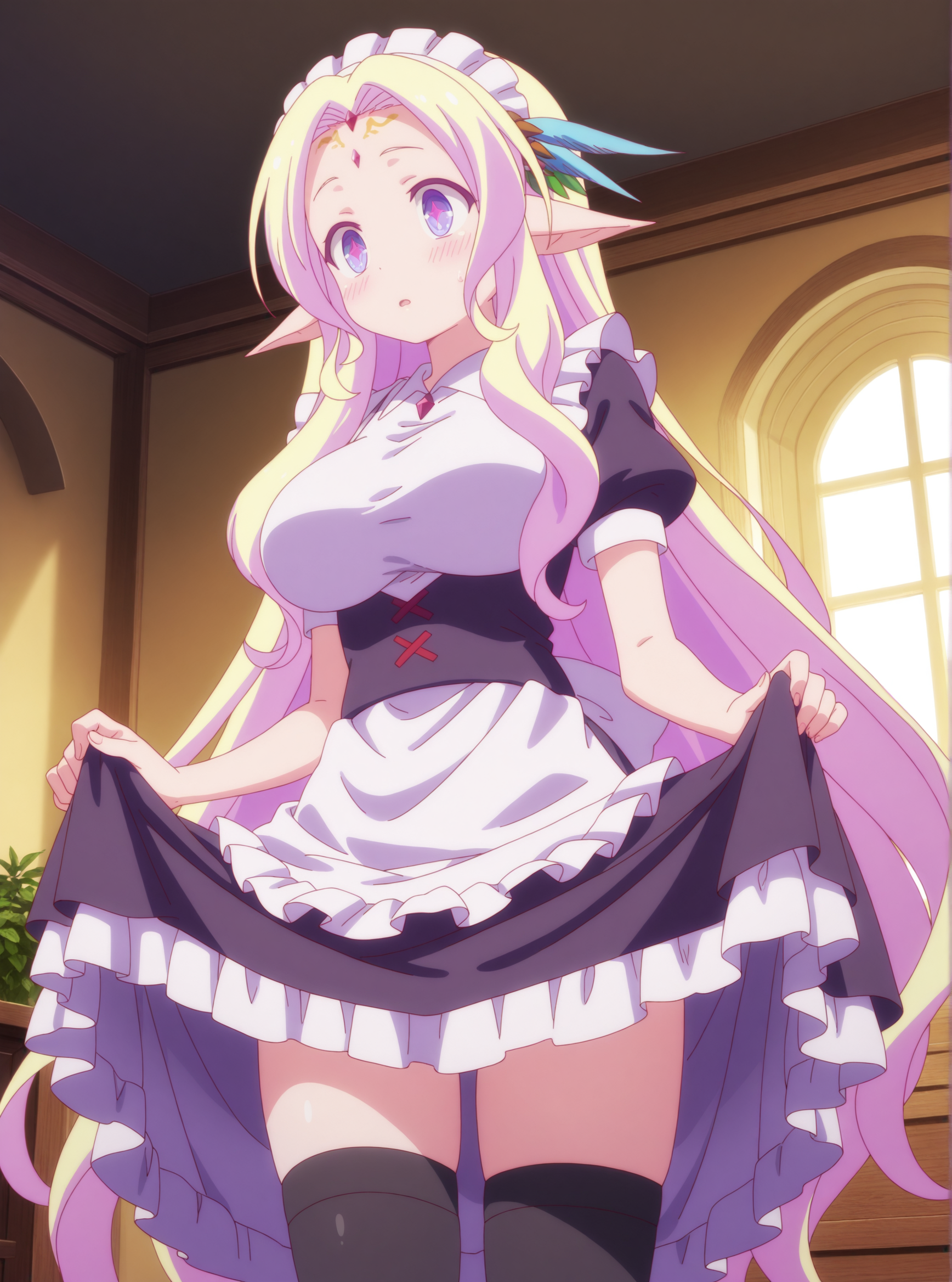 best quality,amazing quality,<lora:Fiel Nirvalen:1>,fiel nirvalen,maid,thighhighs,skirt lift,