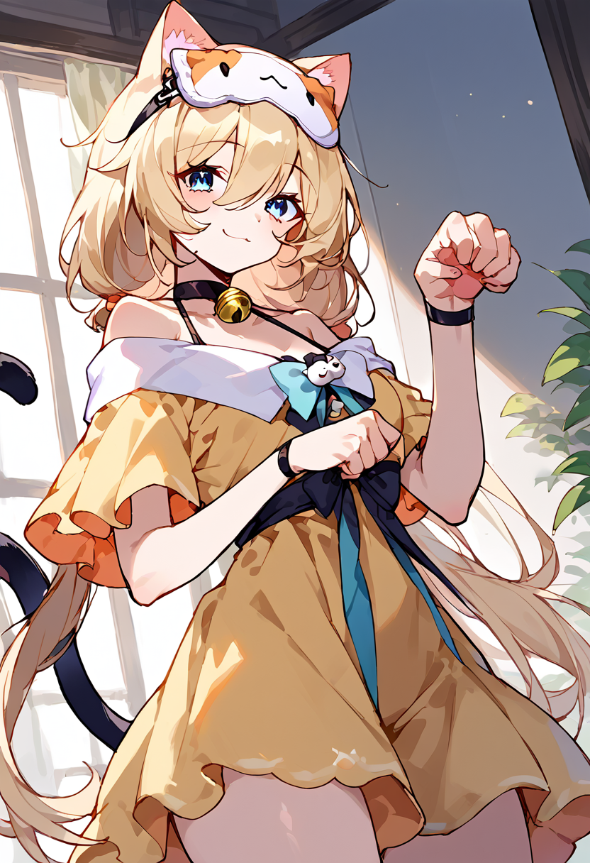 score_9,score_8_up,score_7_up,source_anime,zPDXL3,
*//*,<lora:Michele_Pony:1>,(michele_feline:1.2),1girl,solo,blonde hair,low twintails,long hair,bangs,hair between eyes,blue eyes,sleep mask,mask on head,yellow dress,short sleeves,black choker,bell,cat tail,white socksslippers,bare shoulders,smile,
*//*,looking at viewer,cowboy shot,dutch angle,paw pose,