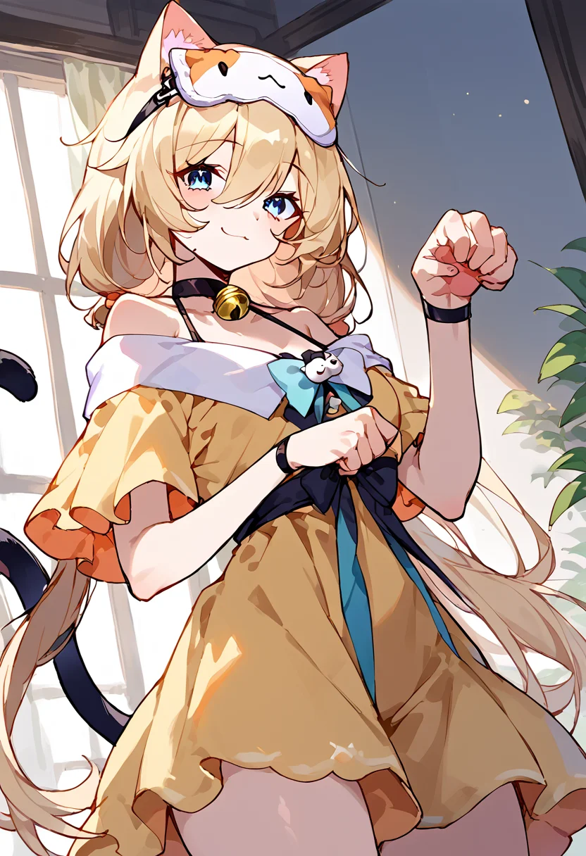 score_9,score_8_up,score_7_up,source_anime,zPDXL3,
*//*,<lora:Michele_Pony:1>,(michele_feline:1.2),1girl,solo,blonde hair,low twintails,long hair,bangs,hair between eyes,blue eyes,sleep mask,mask on head,yellow dress,short sleeves,black choker,bell,cat tail,white socksslippers,bare shoulders,smile,
*//*,looking at viewer,cowboy shot,dutch angle,paw pose,