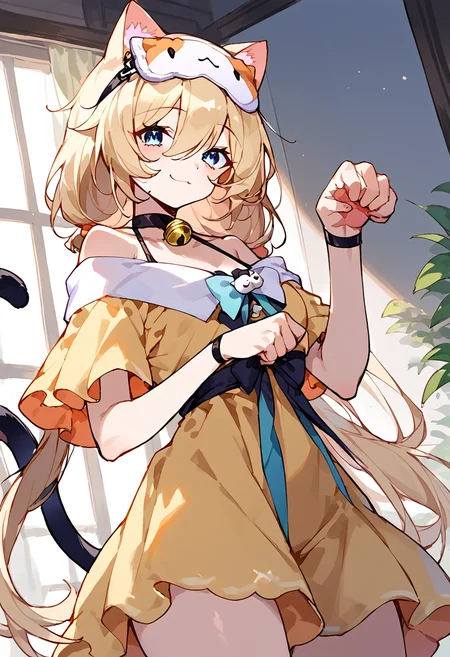 score_9,score_8_up,score_7_up,source_anime,zPDXL3,
*//*,<lora:Michele_Pony:1>,(michele_feline:1.2),1girl,solo,blonde hair,low twintails,long hair,bangs,hair between eyes,blue eyes,sleep mask,mask on head,yellow dress,short sleeves,black choker,bell,cat tail,white socksslippers,bare shoulders,smile,
*//*,looking at viewer,cowboy shot,dutch angle,paw pose,