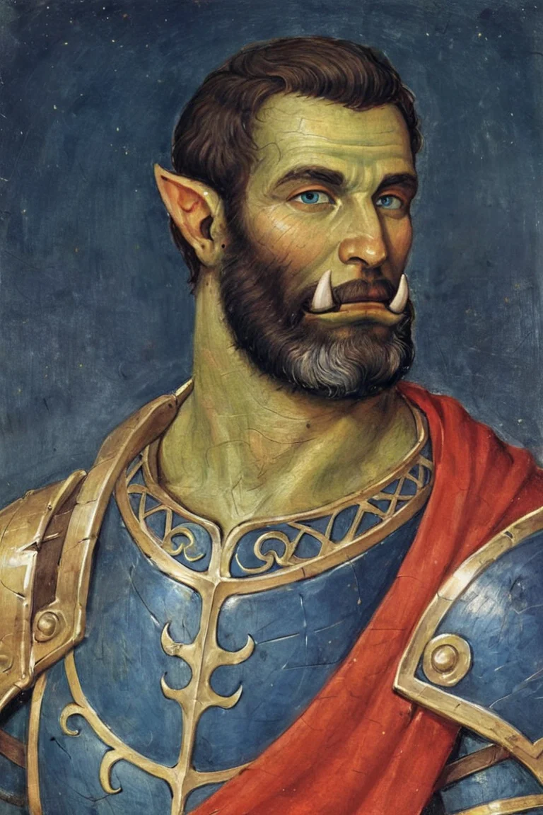score_9, score_8_up, score_7_up, rating_safe, traditional media, realistic, 1boy, solo, male focus, mature male, orc, green skin, tusks, blue eyes, short hair, black hair, facial hair, beard, mustache, looking at viewer, armor, shoulder armor, breastplate, pauldrons, upper body, closed mouth, standing, outdoors, night, night sky, dark background <lora:Gothic Art Style SDXL_LoRA_Pony Diffusion V6 XL:0.8>