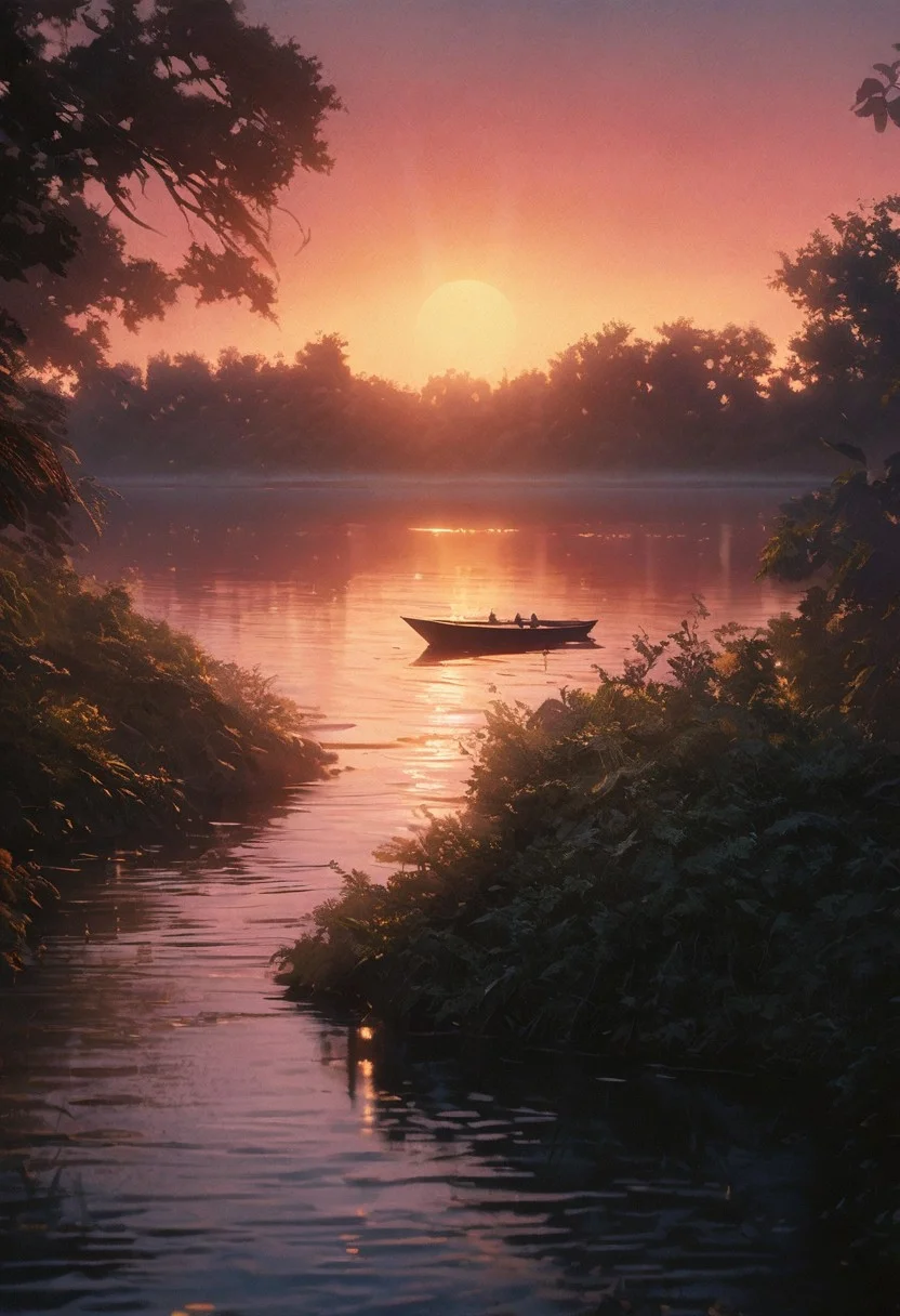 This image captures a serene scene of a lake at sunset. The sky is painted in hues of orange and yellow, while the sun gently dips below the horizon. A small boat is visible in the foreground, adding to the tranquil atmosphere. The lake is surrounded by lush green trees and bushes, enhancing the overall beauty of the scene, warm orange and pink hues casting a beautiful glow, cinematic lighting, detailed digital painting by Aaron Blaise and Robert Bateman and Carl Runguis, 4k resolution, hyperrealistic rendering, ethereal atmosphere