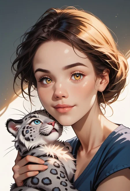 score_9, score_8_up, score_7_up, Expressiveh, high detailed, high quality, masterpiece, DisneyAlice, 1girl, hugging huge pet snow leopard (size difference3:1), heroic fantasy, portrait, cute, gradient background, dynamic lighting, commix style