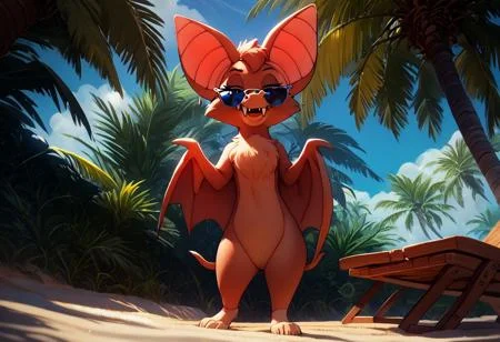score_9, score_8_up, score_7_up, (best quality:1.1), ultra-detailed, great quality, anthro, high resolution, (((8k))), 1girl, bat, bat girl, day time, animal ears, bat ears, seductive look, front view, low angle view, foxglove bat, summer, fangs. daytime, giant bat wings, looking at viewer, sunglasses, BREAK., lying on beach chair, (tropical island), highly detailed background, (sand beach:1,4), half closed eyes, full body view, sexy pose, detailed bat legs, detailed barefoot