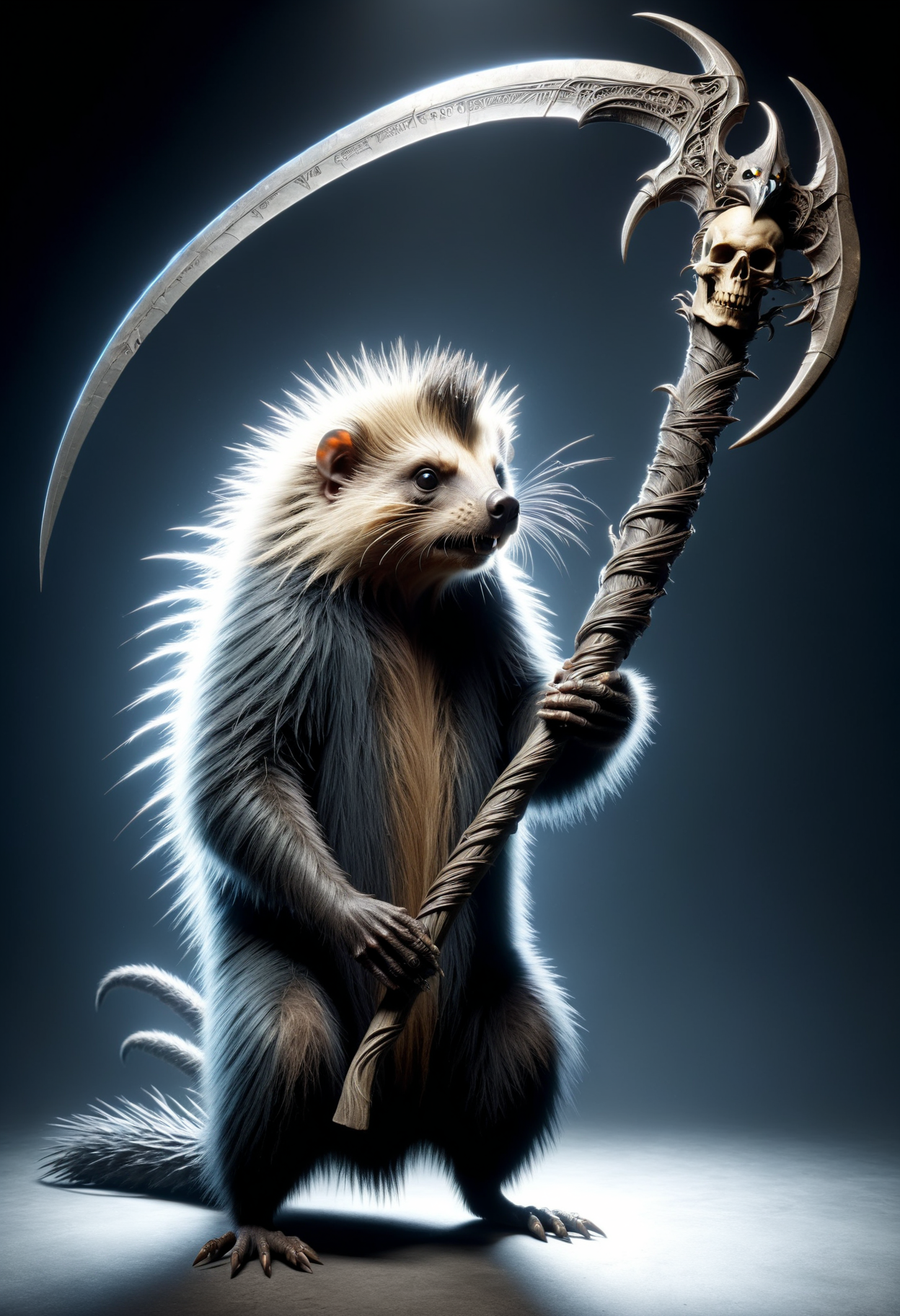 porcupine  holding a DonM5cy7h3XL scythe, single blade  <lora:DonM5cy7h3XL-v1.1-000006:0.8>