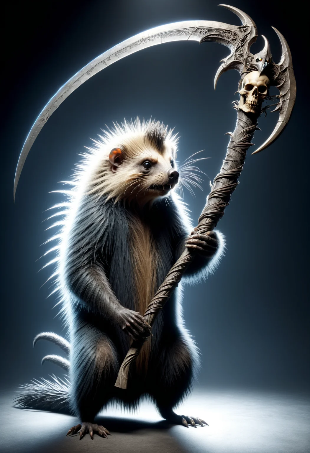 porcupine holding a DonM5cy7h3XL scythe, single blade <lora:DonM5cy7h3XL-v1.1-000006:0.8>