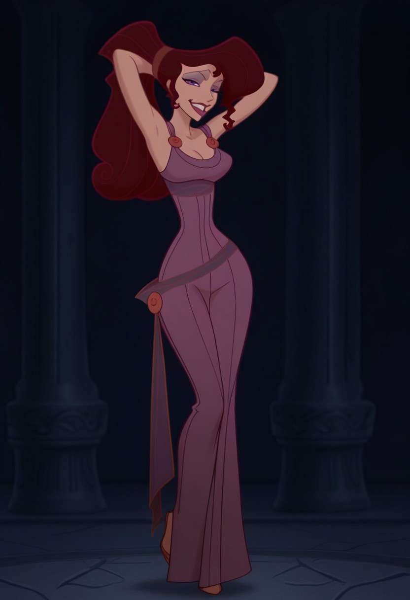 1girl, masterpiece, best quality, amazing quality, absurdres, <lora:Megara__Illustrious:1> m3g4r4, megara (hercules disney), long hair, tied hair, brown hair, purple eyes, purple Greek dress, cleavage, sexy makeup, lipstick, smiling, full body, flirtatious, seductive, alluring, arms behind head,