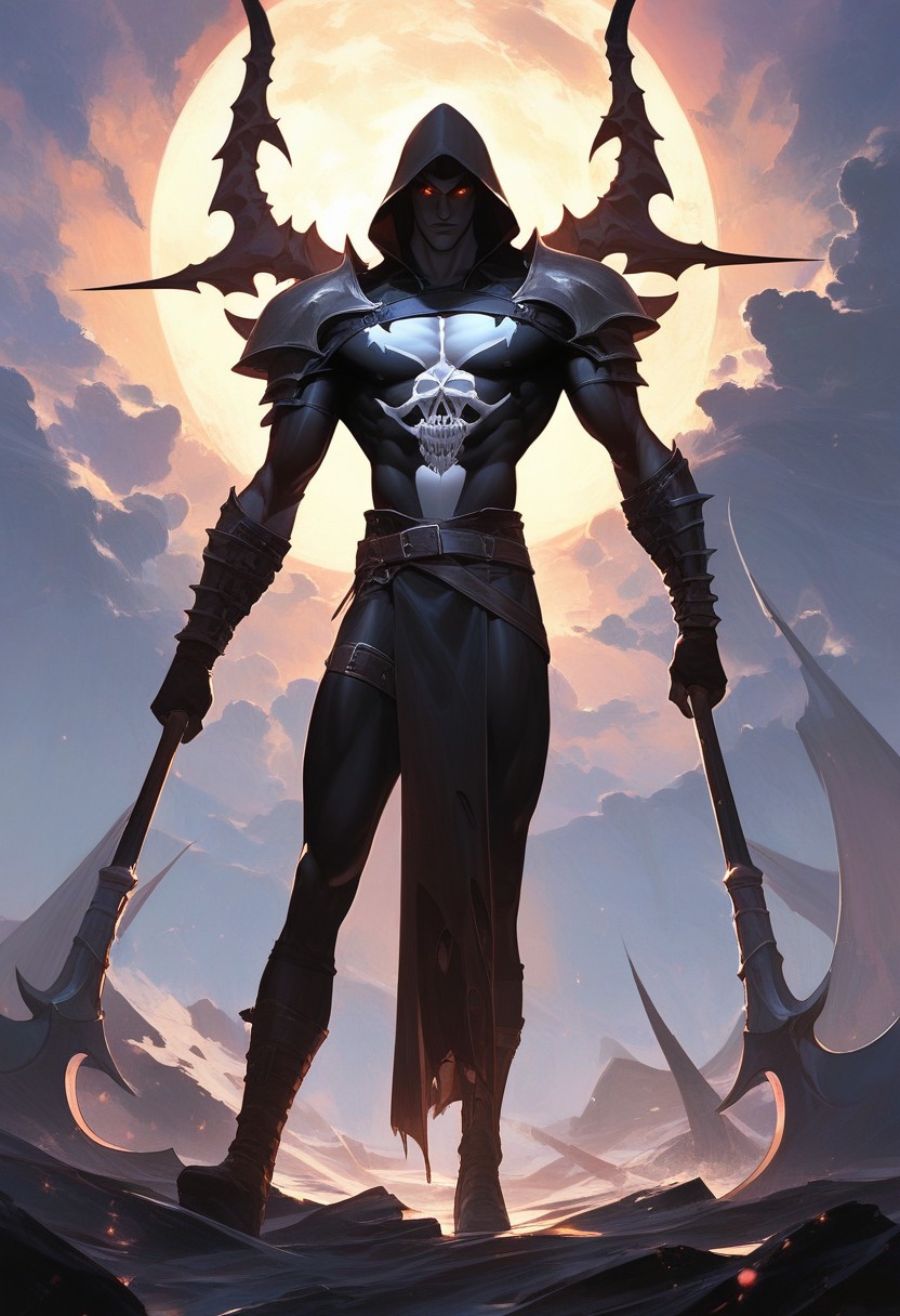 score_9,score_8_up,score_7_up, A dark, atmospheric scene featuring a grim reaper with a large scythe, standing tall in a desolate landscape. The reaper’s torn clothes billow in the wind, showcasing intricate, worn-out fabric with frayed edges. The background is moody and cinematic, with a faint, eerie mist and dark clouds swirling above. The figure's skeletal face is partially obscured by a hood, with glowing eyes peering through the shadows. The scene is high contrast, with dramatic lighting highlighting the reaper’s ominous presence. The atmosphere is dark fantasy, invoking a sense of dread and power. Rendered in hyper-realistic style, with fine details on the scythe’s metal and the textures of the tattered cloth. The composition captures both elegance and destruction in equal measure, perfect for ArtStation's trending aesthetic.