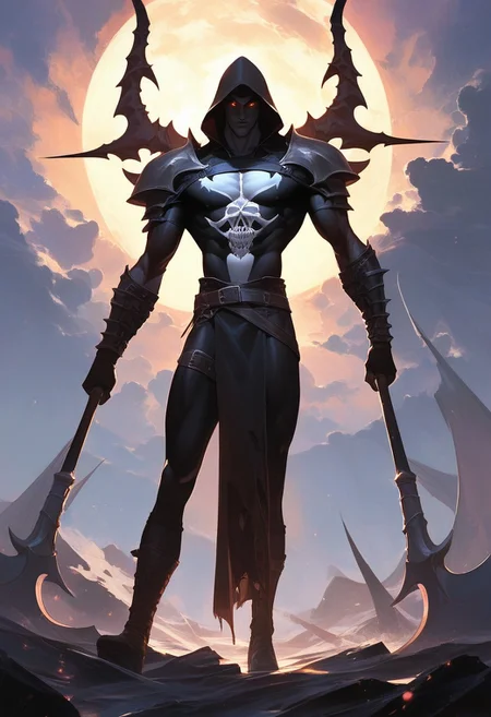 score_9,score_8_up,score_7_up, A dark, atmospheric scene featuring a grim reaper with a large scythe, standing tall in a desolate landscape. The reaper’s torn clothes billow in the wind, showcasing intricate, worn-out fabric with frayed edges. The background is moody and cinematic, with a faint, eerie mist and dark clouds swirling above. The figure's skeletal face is partially obscured by a hood, with glowing eyes peering through the shadows. The scene is high contrast, with dramatic lighting highlighting the reaper’s ominous presence. The atmosphere is dark fantasy, invoking a sense of dread and power. Rendered in hyper-realistic style, with fine details on the scythe’s metal and the textures of the tattered cloth. The composition captures both elegance and destruction in equal measure, perfect for ArtStation's trending aesthetic.