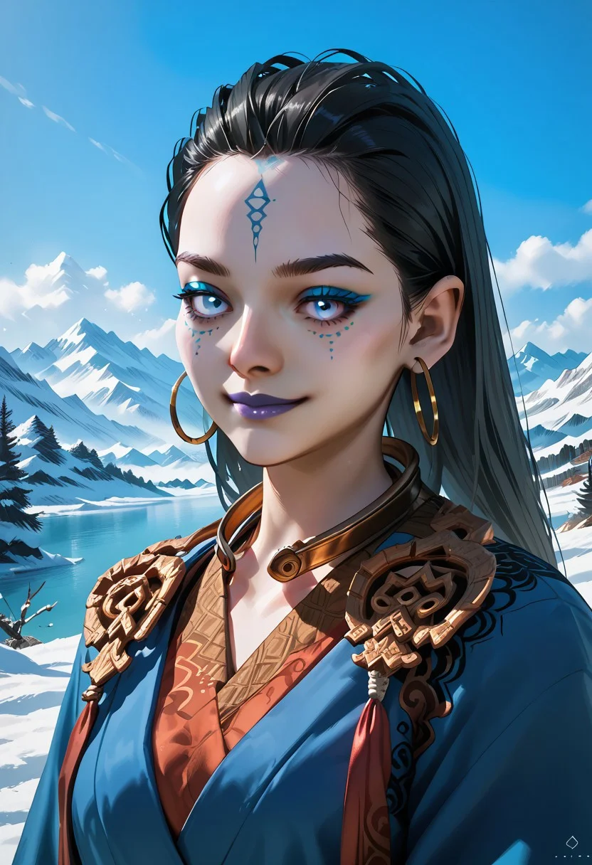 score_9,score_8_up,score_7_up,source_anime, Kang-Jin Star,1girl,solo,looking at viewer,smile,closed mouth,jewelry,upper body,outdoors,earrings,sky,day,makeup,snow,hoop earrings,mountain,