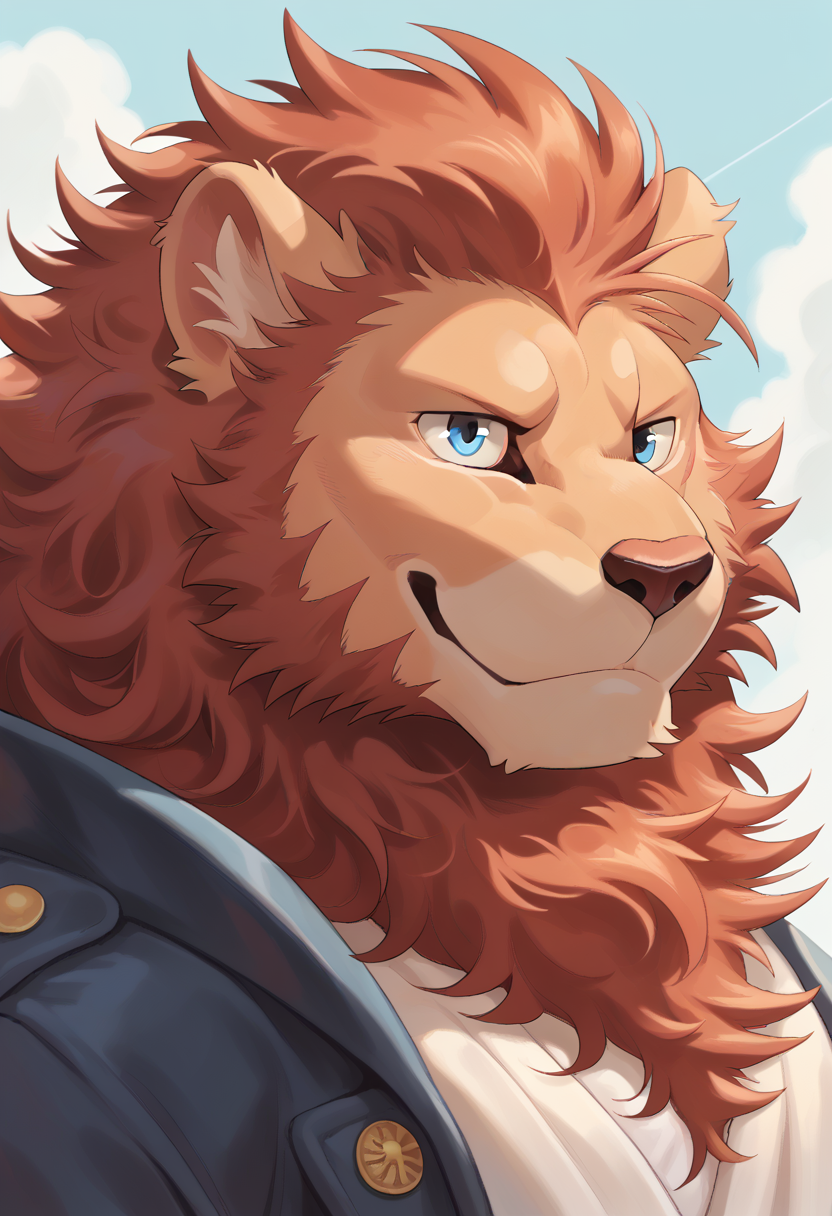 score_9, score_8_up, score_7_up, high quality, hires, by tupidwithouts, 1boy, solo, furry, lion, mane, blue eyes, muscular, bara, detailed background, close up, smile, <lora:TupidwithoutS_style:1.2>