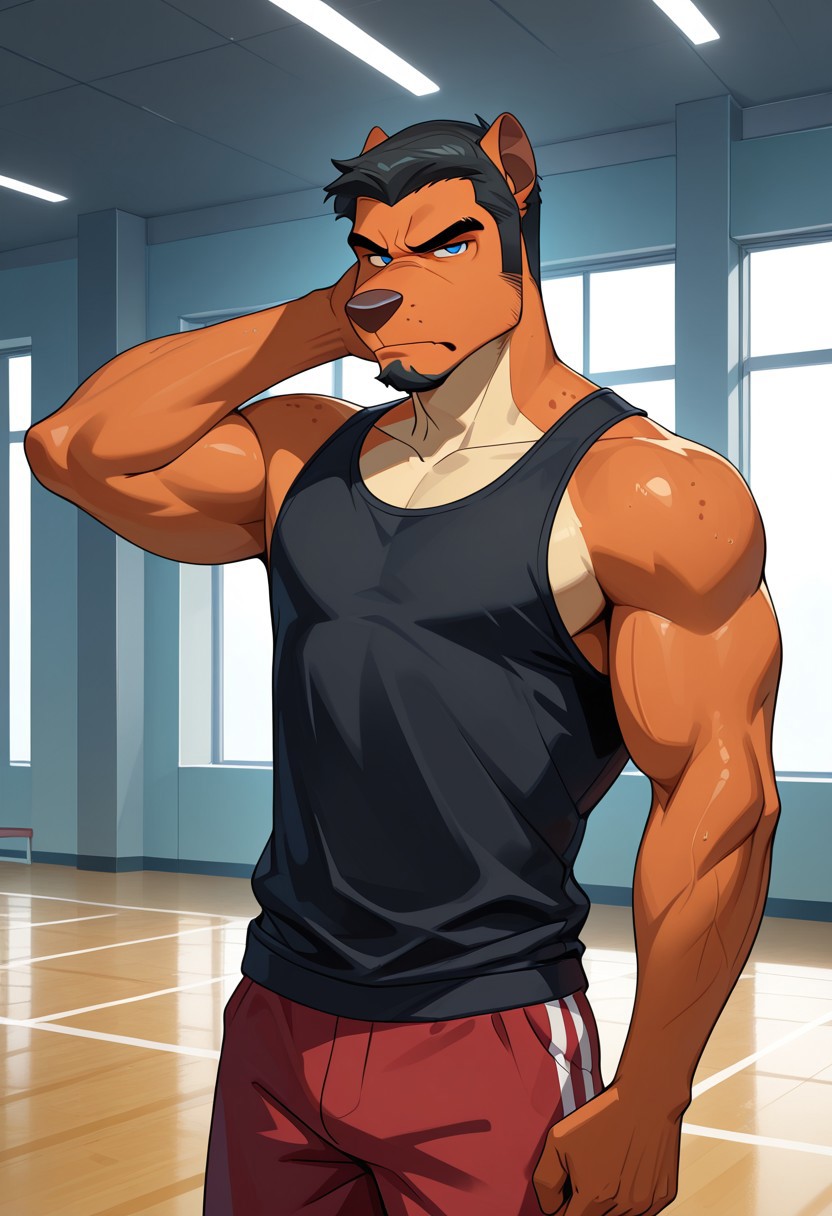 masterpiece, best quality, amazing quality, very aesthetic, absurdres, newest,  high quality, detailed, male, solo male, JasonCD, 1boy, broad shoulders, mature male, anthro, orange skin, blue eyes, black hair, thick eyebrows, facial hair, goatee, sideburns, animal ears, athletic build, beard, half lidded eyes, grumpy, scowl, looking at viewer, one hand behind head, volumetric lighting, detailed face:2.0, detailed eyes:2.0, short hair, indoors, gym (place), black tank top, red shorts, cowboy shot