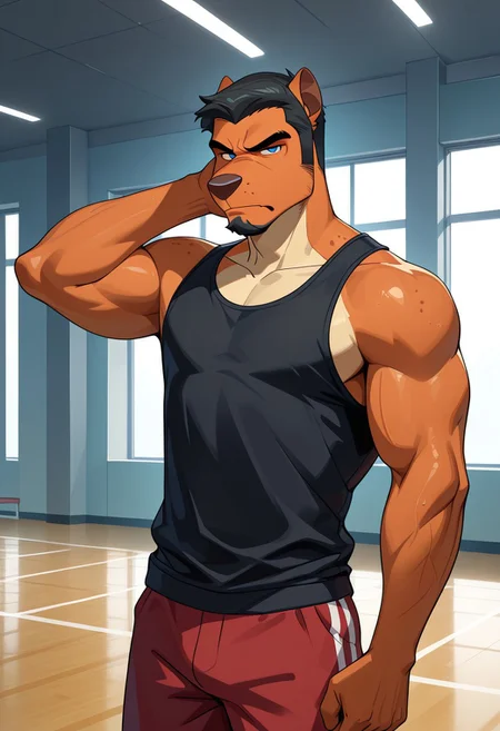 masterpiece, best quality, amazing quality, very aesthetic, absurdres, newest, high quality, detailed, male, solo male, JasonCD, 1boy, broad shoulders, mature male, anthro, orange skin, blue eyes, black hair, thick eyebrows, facial hair, goatee, sideburns, animal ears, athletic build, beard, half lidded eyes, grumpy, scowl, looking at viewer, one hand behind head, volumetric lighting, detailed face:2.0, detailed eyes:2.0, short hair, indoors, gym (place), black tank top, red shorts, cowboy shot