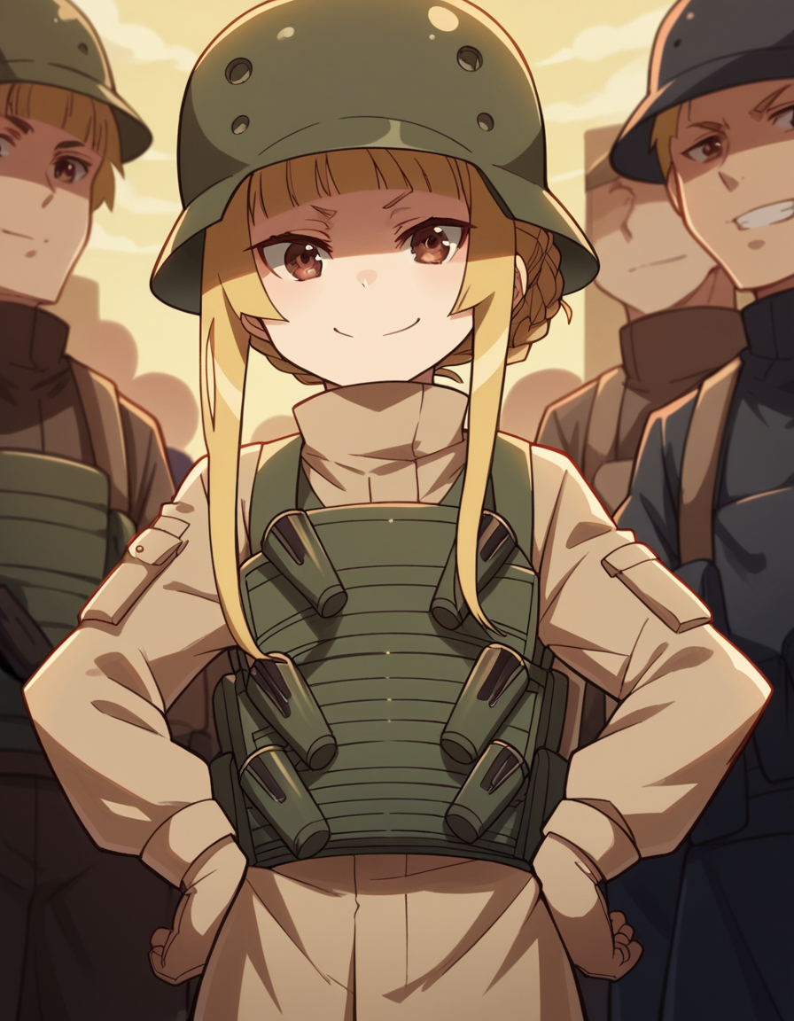 score_9, score_8_up, score_7_up, source_anime, <lora:fukaziroh-s1-ponyxl-lora-nochekaiser:1>, fukaziroh, blonde hair, brown eyes, braid, hair bun, single hair bun,, uniform, military, military uniform, helmet, load bearing vest, street market, vendor, street food, bustling crowd, local flavor, vibrant, smile, looking at viewer, smug, hands on hips,, solo,, cowboy shot, dutch angle,