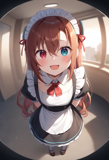 1girl,sincos, ningen mame, toosaka asagi,solo,medium breasts,20yo,maid,maid headdress,
peephole,fisheye lens,<lora:peephole_XL_v1:0.8>
from behind, full body, looking away, orange hair, heterochromia,archaic smile, roads in the hill, open mouth, drill hair,,
best quality, very aesthetic, absurdres