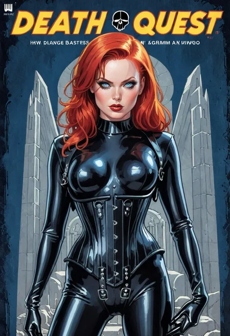 Vintage comic book cover of, woman, bright red hair, blue eyes, in black leather bodysuit, long sleeves, black gloves, corset, HW_Corset, collar, solo, , temple background. pulp novel style with the title "Death Quest", sketch pixlineart drawing