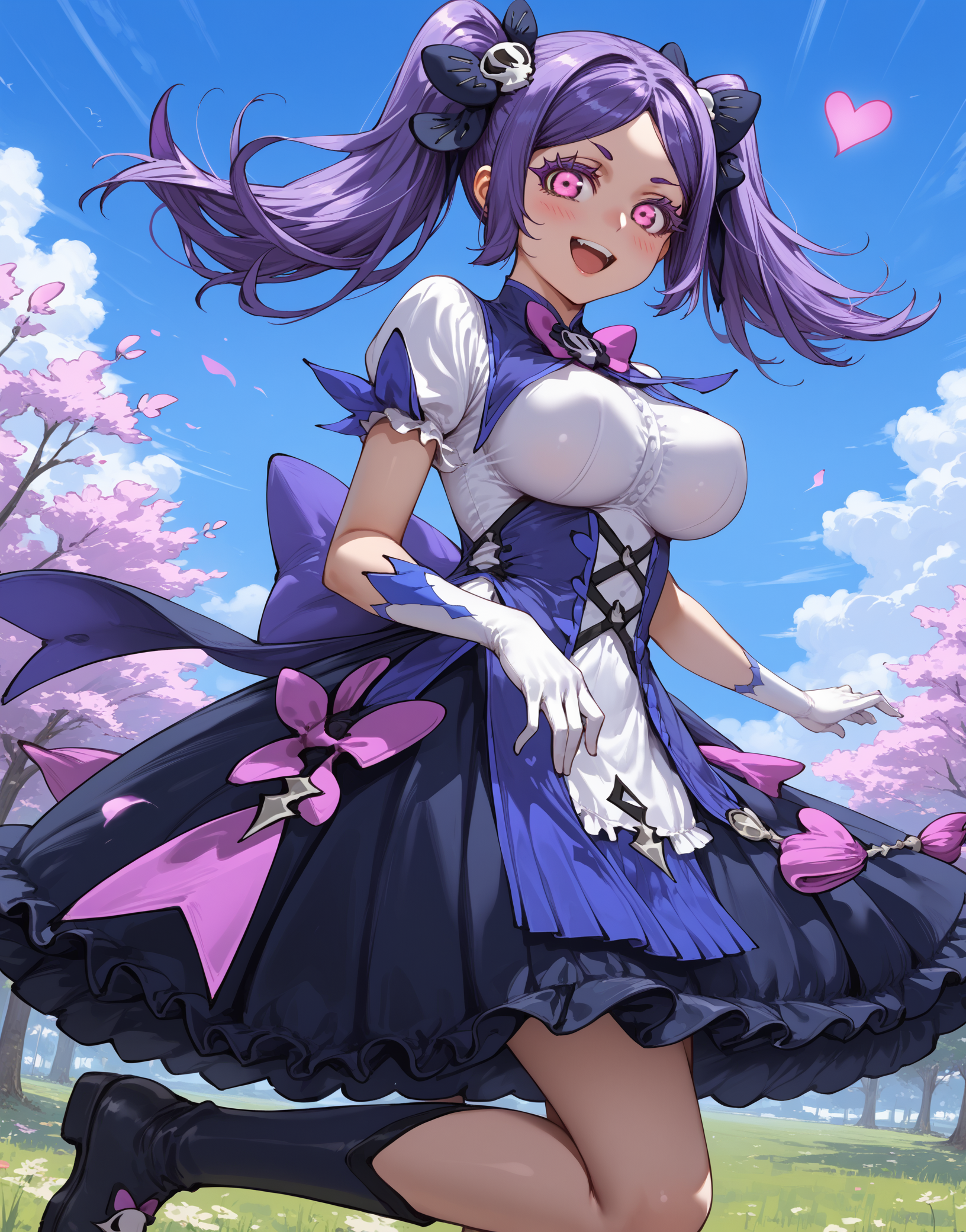 score_9,score_8_up,source_anime,(anime styal:1.1),anime,rating_explicit,1girl,<lora:lanmei-000032:1>,Lanmei haoxiongdi,twintails,purple hair,pink eyes,solo,perfect face,bedutiful eyes,<lora:DetailedEyes_V3:1>,slim waist,<lora:add-detail-xl:2>,<lora:ClearHand-V2:1>,magical girl,bow,gloves,white gloves,boots,purple bow,dress,skull hair ornament,looking at viewer,hair ornament,large breasts,black bow,black footwear,hair bow,heart,dress,(looking at viewer:1.1),blue sky,Sexy pose,elegant,School,wind,Laugh,blush,close-up,